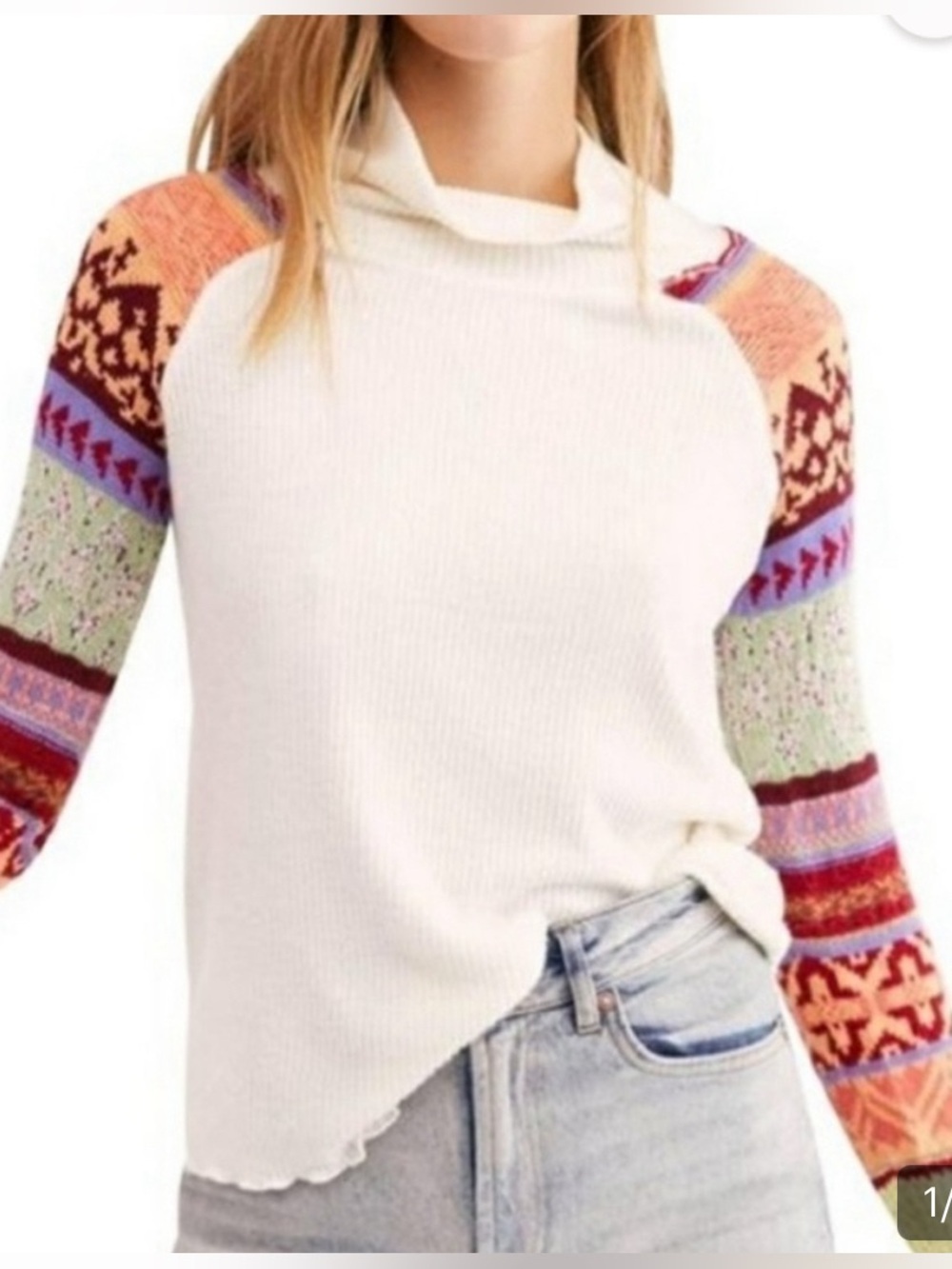 Free People Cream Cowl Neck Sweater with Colorful Patterned Sleeves